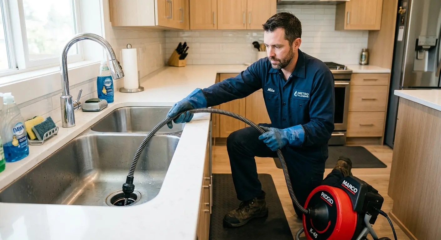 Drain cleaning technician using a motorized snake on a kitchen sink in Palmer