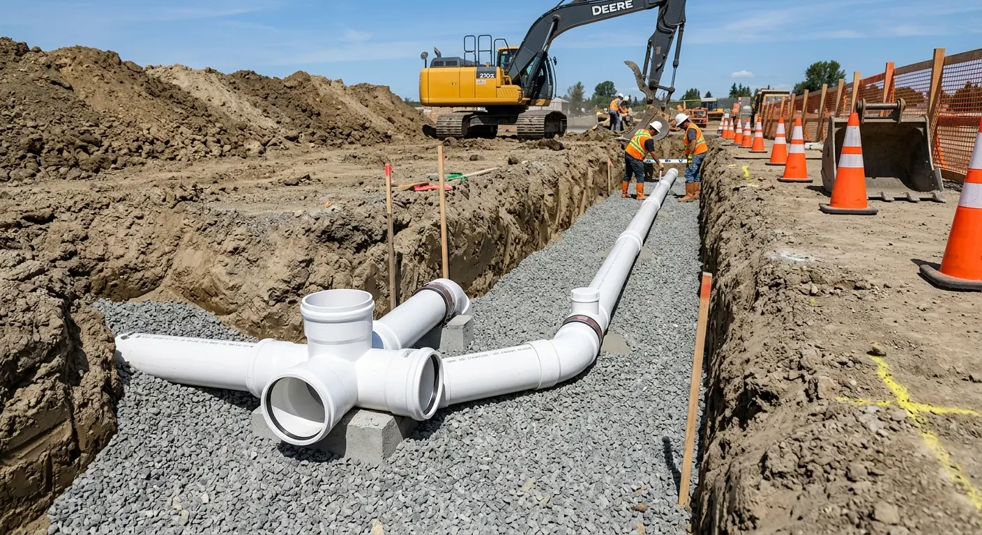New PVC sewer pipe installation in open trench for Commercial Drain Cleaning in Palmer