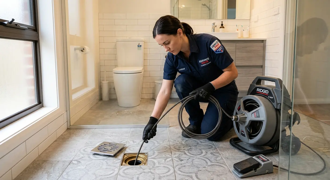 Technician clearing a bathroom floor drain for Hydro Jetting in Palmer